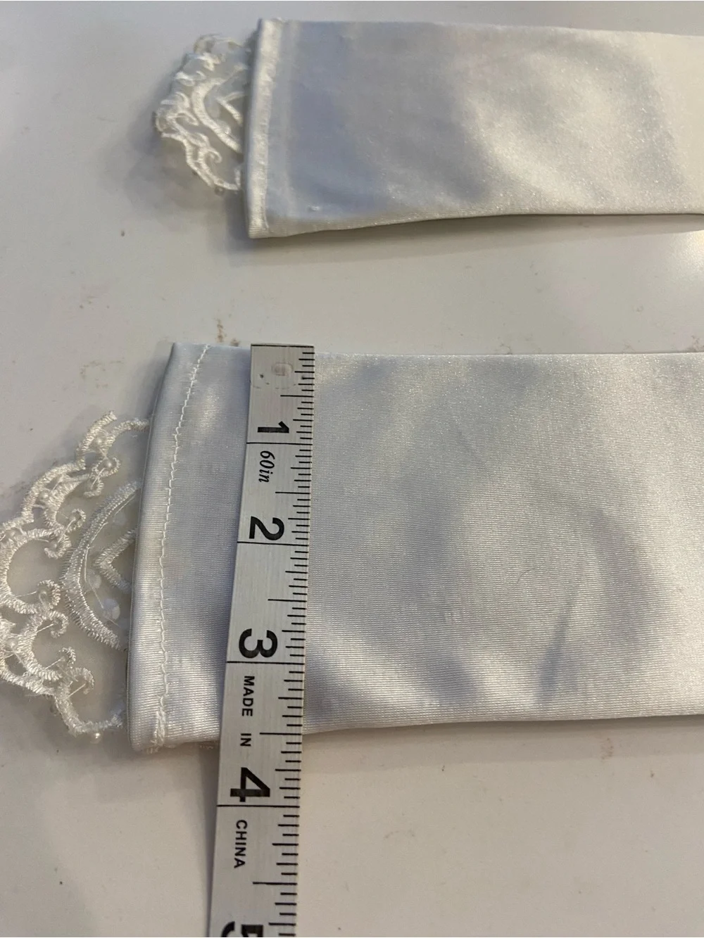 Vintage Bridal Gloves White Satin Elbow Length Stretch w/ Lace Detail NEW